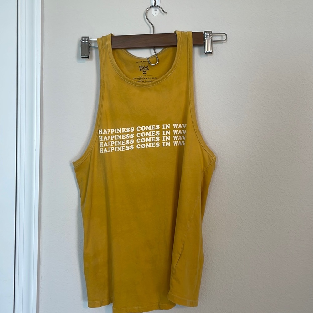 Billabong Women’s yellow “Happiness Comes in Waves” tank, size S